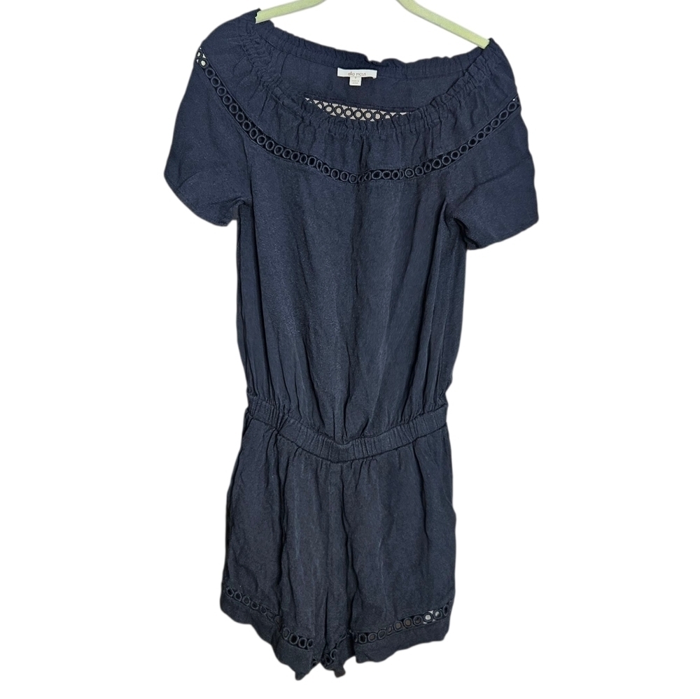Ella Moss Off Shoulder Crochet Trim Romper Shorts Elastic Waist Black sz Small